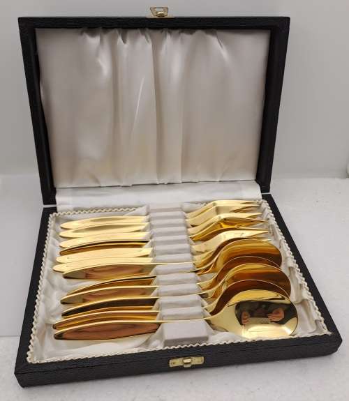 12 Pc Vintage Solingen Gold Plated Tea Spoon and Cake Fork set made in Germany-Boxed