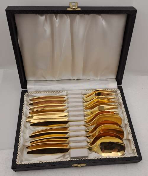 12 Pc Vintage Solingen Gold Plated Tea Spoon and Cake Fork set made in Germany-Boxed