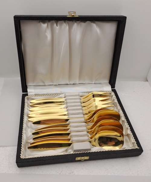 12 Pc Vintage Solingen Gold Plated Tea Spoon and Cake Fork set made in Germany-Boxed
