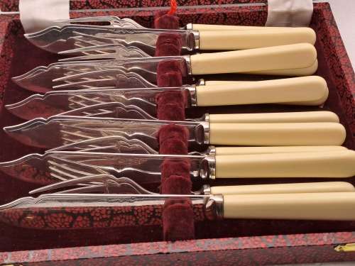 12 Pc Vintage DE MONTFORT Silver Plated Bone Handle Fish Cutlery set -Boxed -Sheffield England