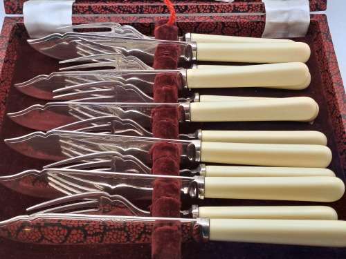 12 Pc Vintage DE MONTFORT Silver Plated Bone Handle Fish Cutlery set -Boxed -Sheffield England