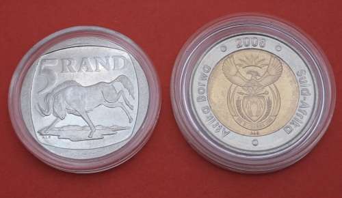 South Africa 2000 & 2008 90th Birthday Mandela R5 Coins -Encapsuled -Uncirculated