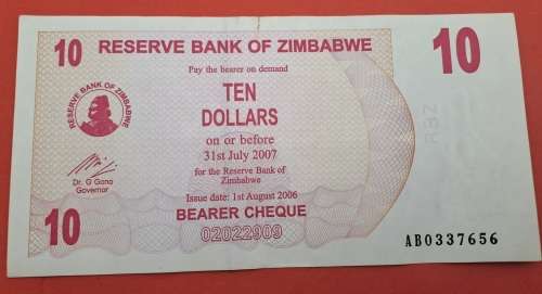 2006 Zimbabwe 10 Dollars Bearer Cheque Banknote