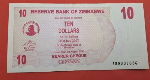 2006 Zimbabwe 10 Dollars Bearer Cheque Banknote