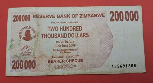 2007 -   Zimbabwe 200 000 Dollars Bearer Cheque