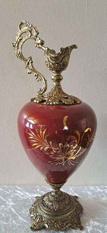Beautiful Large Antique Brass and Glass Mantle Ewer -41cm Tall