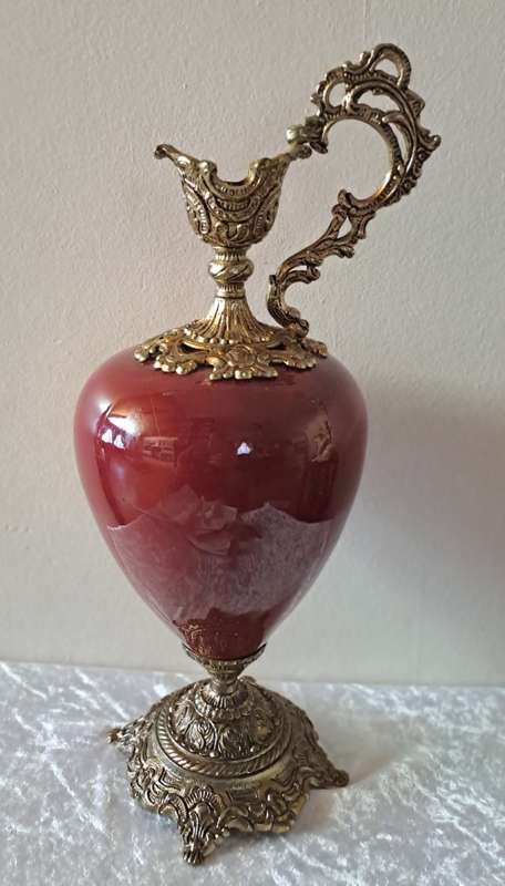 Beautiful Large Antique Brass and Glass Mantle Ewer -41cm Tall