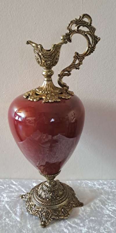 Beautiful Large Antique Brass and Glass Mantle Ewer -41cm Tall