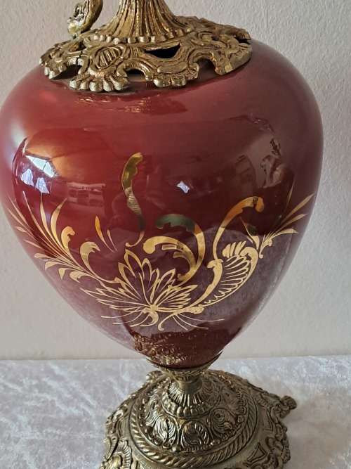 Beautiful Large Antique Brass and Glass Mantle Ewer -41cm Tall