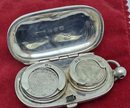 Antique 1924 Hallmarked Sterling Silver Coin Holder with 2 Silver 3d and 6d  Coins Berlingham