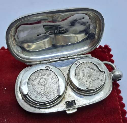 Antique 1924 Hallmarked Sterling Silver Coin Holder with 2 Silver 3d and 6d  Coins Berlingham