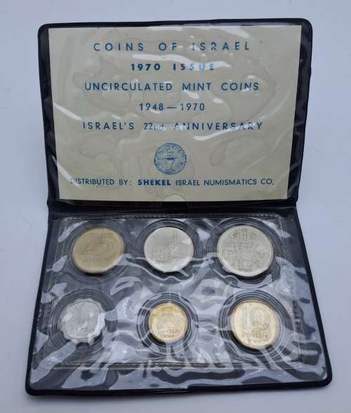 6 Uncirculated 1948-1970 Coins of Israel 1970 Issue 22nd Anniversary in Wallet
