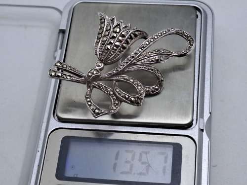 Large Vintage White Metal Marcasite Brooch  58mm x 40mm