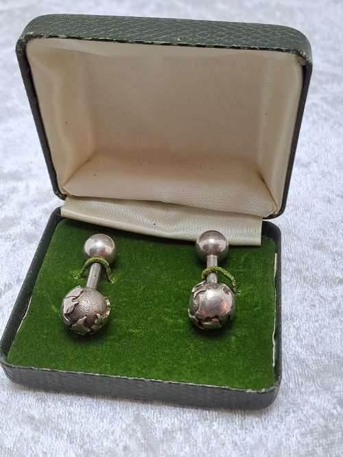 a Pair of Vintage Sterling SILVER (tested) Globe -Barbell Cufflinks by Tiffany & Co -boxed