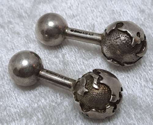 a Pair of Vintage Sterling SILVER (tested) Globe -Barbell Cufflinks by Tiffany & Co -boxed