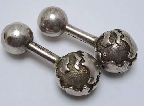 a Pair of Vintage Sterling SILVER (tested) Globe -Barbell Cufflinks by Tiffany & Co -boxed
