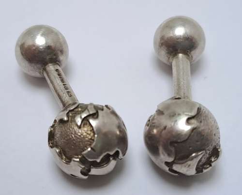 a Pair of Vintage Sterling SILVER (tested) Globe -Barbell Cufflinks by Tiffany & Co -boxed