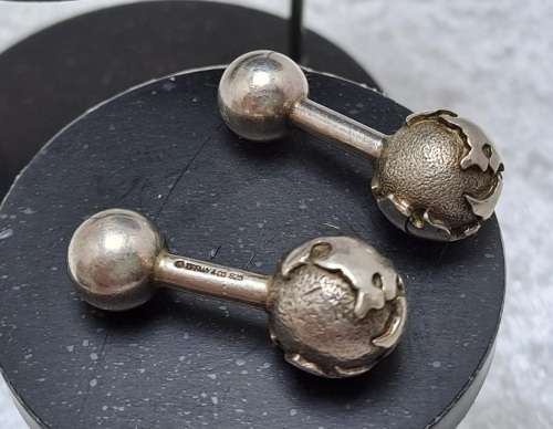 a Pair of Vintage Sterling SILVER (tested) Globe -Barbell Cufflinks by Tiffany & Co -boxed