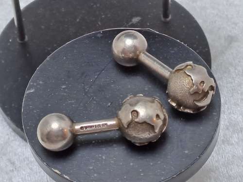 a Pair of Vintage Sterling SILVER (tested) Globe -Barbell Cufflinks by Tiffany & Co -boxed
