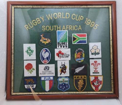 Framed behind Glass RUGBY 1995 World cup with Cloth Badges of all 16 Teams