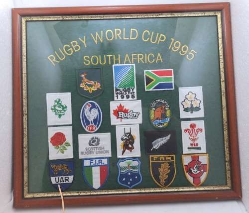 Framed behind Glass RUGBY 1995 World cup with Cloth Badges of all 16 Teams
