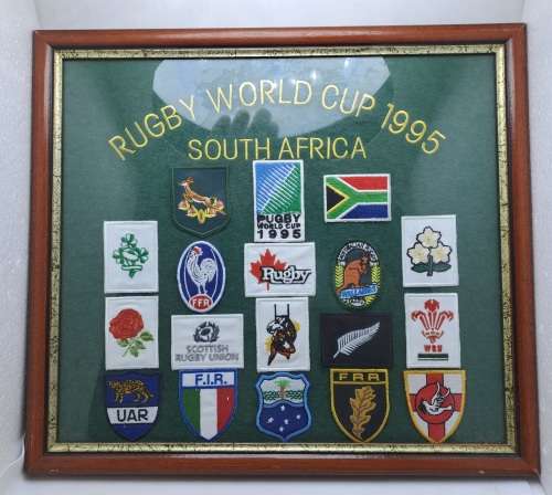 Framed behind Glass RUGBY 1995 World cup with Cloth Badges of all 16 Teams