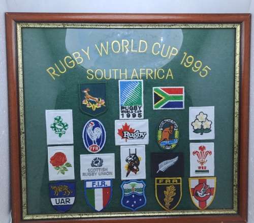 Framed behind Glass RUGBY 1995 World cup with Cloth Badges of all 16 Teams