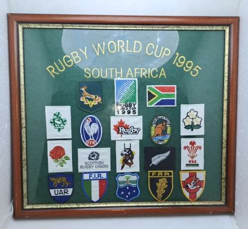 Framed behind Glass RUGBY 1995 World cup with Cloth Badges of all 16 Teams