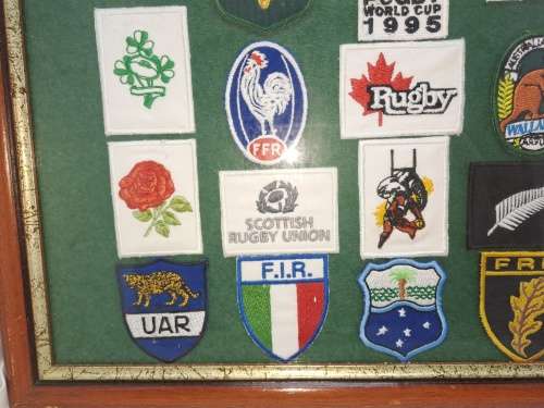 Framed behind Glass RUGBY 1995 World cup with Cloth Badges of all 16 Teams