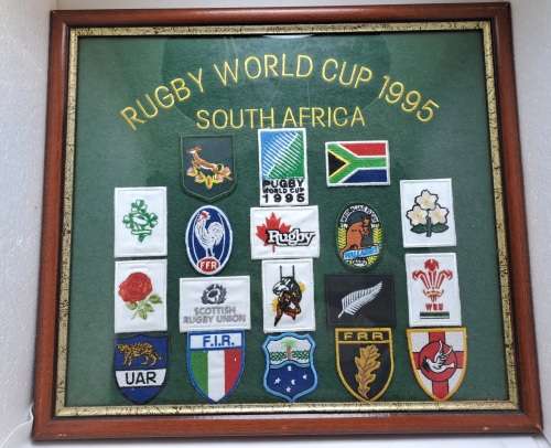Framed behind Glass RUGBY 1995 World cup with Cloth Badges of all 16 Teams