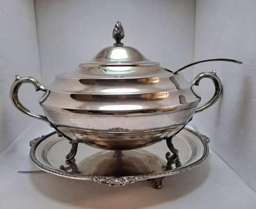 A Large Vintage 1950`s Seranco B.M Mount Silver-plate Tureen with Ladle and Tray