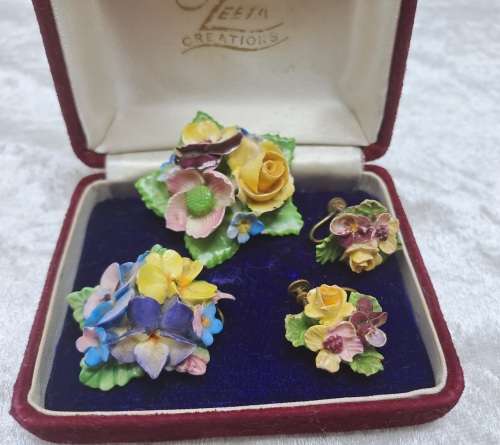 Vintage Denton Bone China Floral Brooch and Earrings with a Coalbrook Pendant(a few small chips)