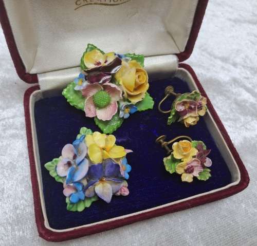Vintage Denton Bone China Floral Brooch and Earrings with a Coalbrook Pendant(a few small chips)