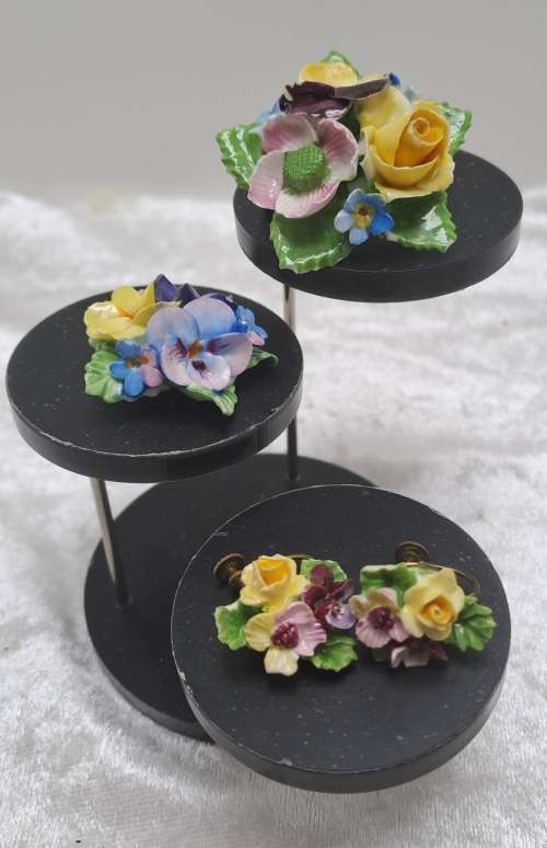 Vintage Denton Bone China Floral Brooch and Earrings with a Coalbrook Pendant(a few small chips)