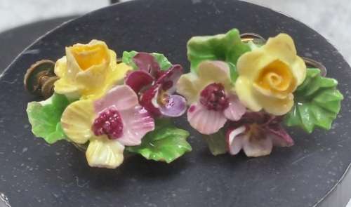 Vintage Denton Bone China Floral Brooch and Earrings with a Coalbrook Pendant(a few small chips)