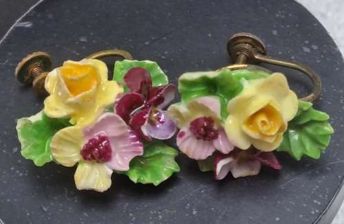 Vintage Denton Bone China Floral Brooch and Earrings with a Coalbrook Pendant(a few small chips)