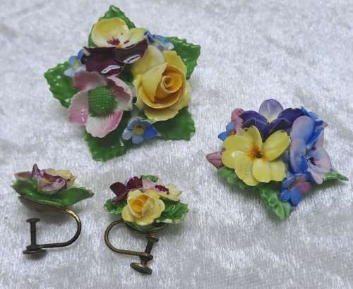 Vintage Denton Bone China Floral Brooch and Earrings with a Coalbrook Pendant(a few small chips)