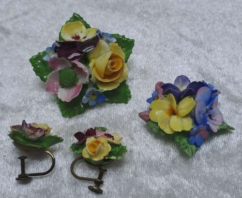 Vintage Denton Bone China Floral Brooch and Earrings with a Coalbrook Pendant(a few small chips)
