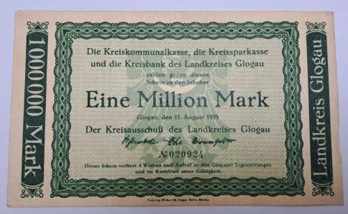 1922 Germany 1 Million Mark  German notgeld  M.K Glogau -Emergency Money