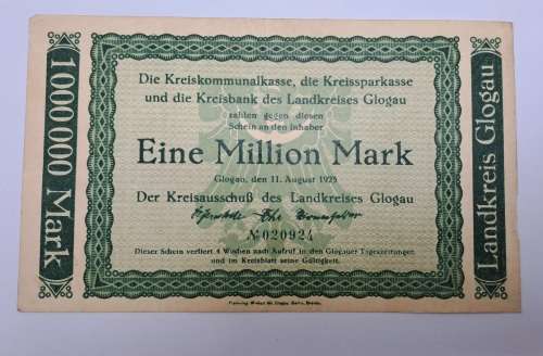 1922 Germany 1 Million Mark  German notgeld  M.K Glogau -Emergency Money