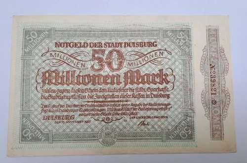 1923 Germany NOTGELD- 50 Million Mark -Stadt Duisburg -Emergency Money