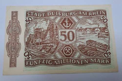 1923 Germany NOTGELD- 50 Million Mark -Stadt Duisburg -Emergency Money