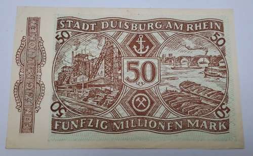 1923 Germany NOTGELD- 50 Million Mark -Stadt Duisburg -Emergency Money