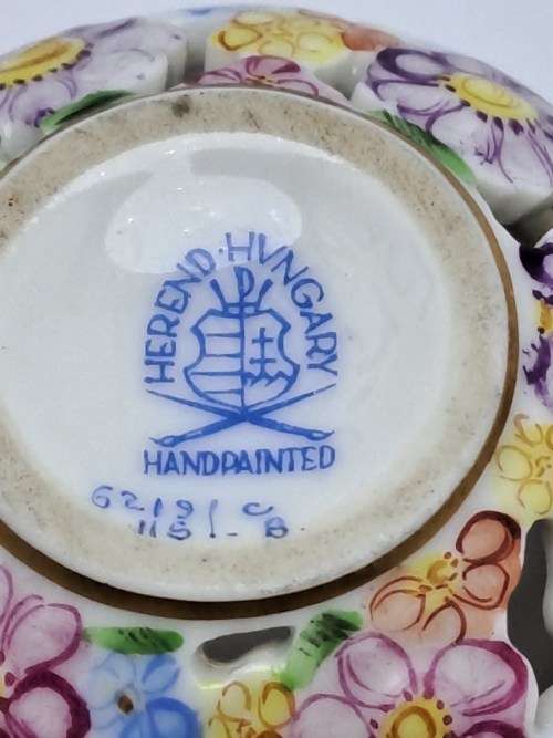 Vintage Herend Hvngary Hand Painted reticulated Floral Porcelain Trinket box/Possibly for potpourri.