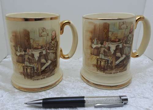 Vintage Pair of Arthur Wood Porcelain Tankards No 3752 David Dines with Micawber.