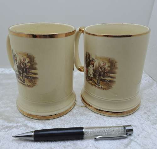 Vintage Pair of Arthur Wood Porcelain Tankards No 3752 David Dines with Micawber.