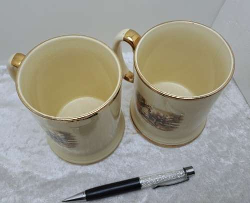 Vintage Pair of Arthur Wood Porcelain Tankards No 3752 David Dines with Micawber.