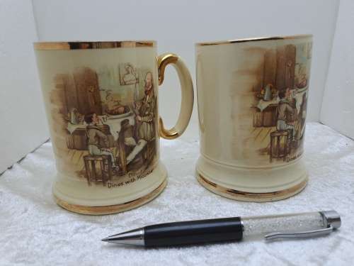 Vintage Pair of Arthur Wood Porcelain Tankards No 3752 David Dines with Micawber.