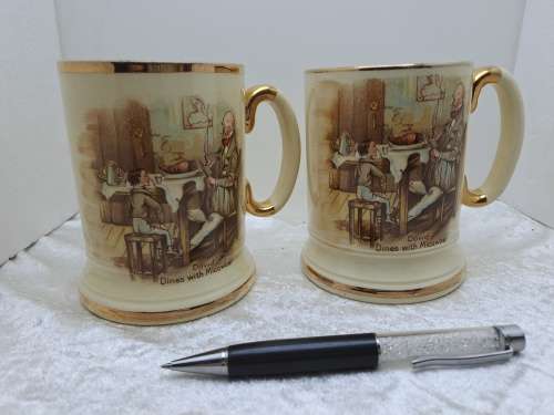 Vintage Pair of Arthur Wood Porcelain Tankards No 3752 David Dines with Micawber.