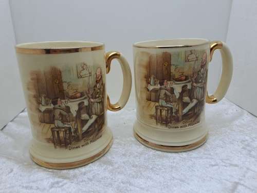 Vintage Pair of Arthur Wood Porcelain Tankards No 3752 David Dines with Micawber.